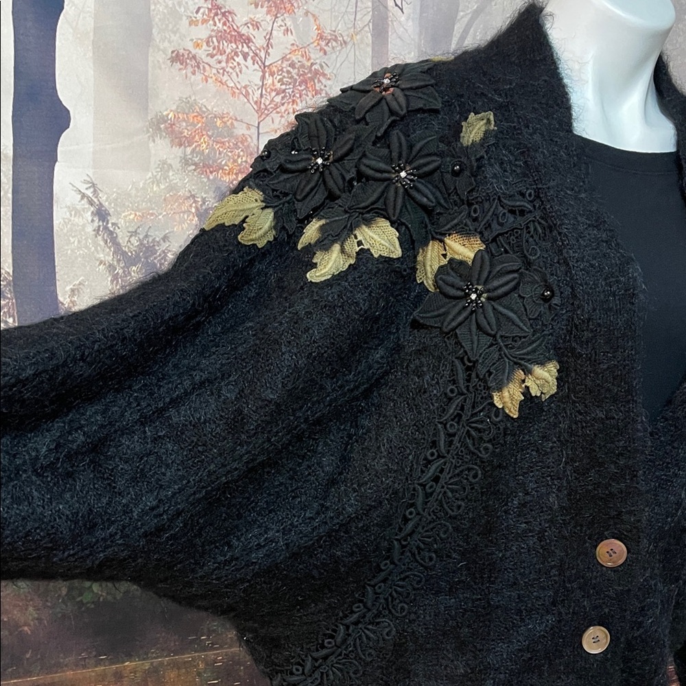Vintage Rose Song Lined Wool Appliqué Jacket Sweater – Black Floral Beaded - Picture 4 of 17